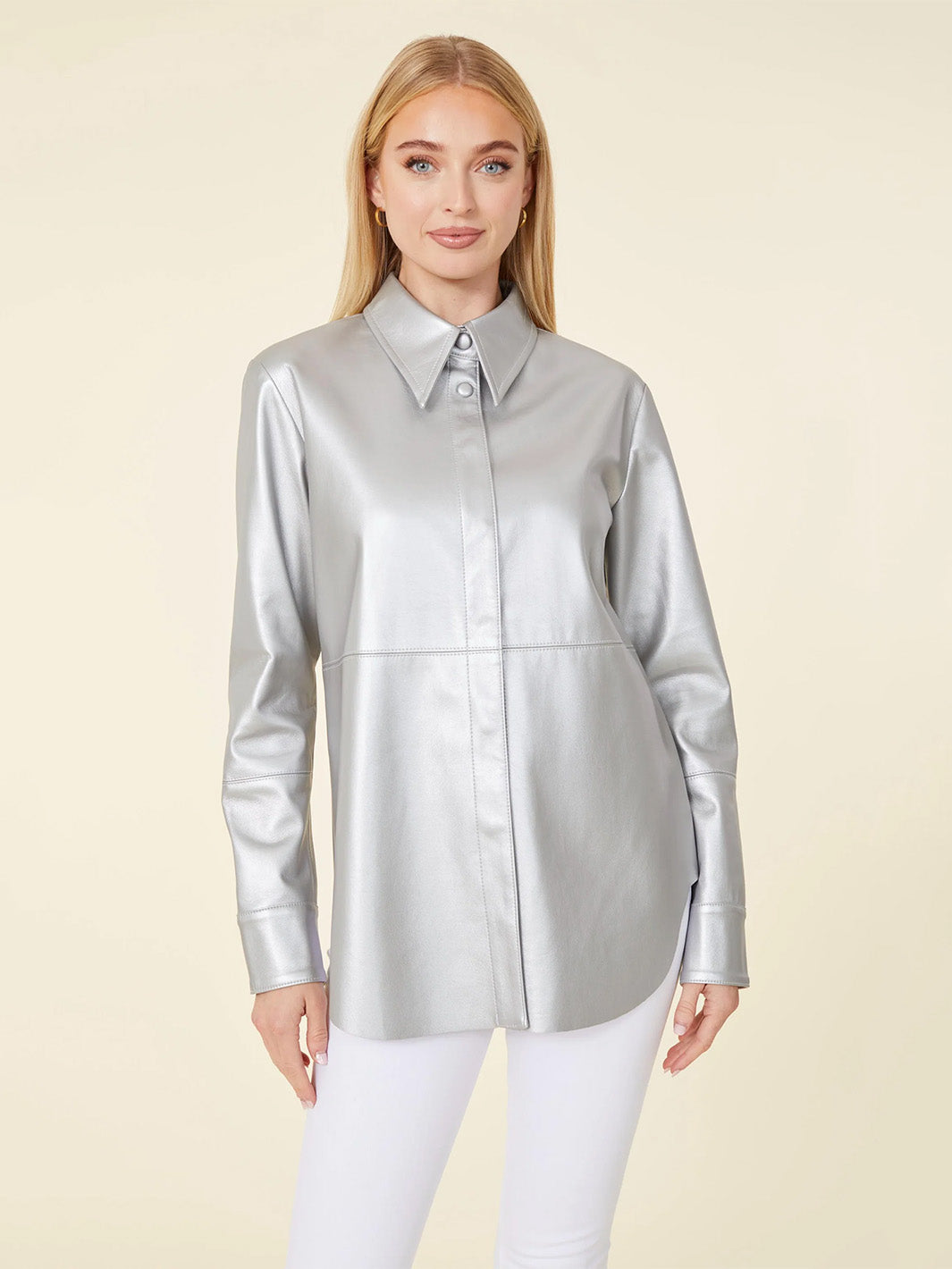 Vegan Leather Metallic Tailored Shirt in Silver