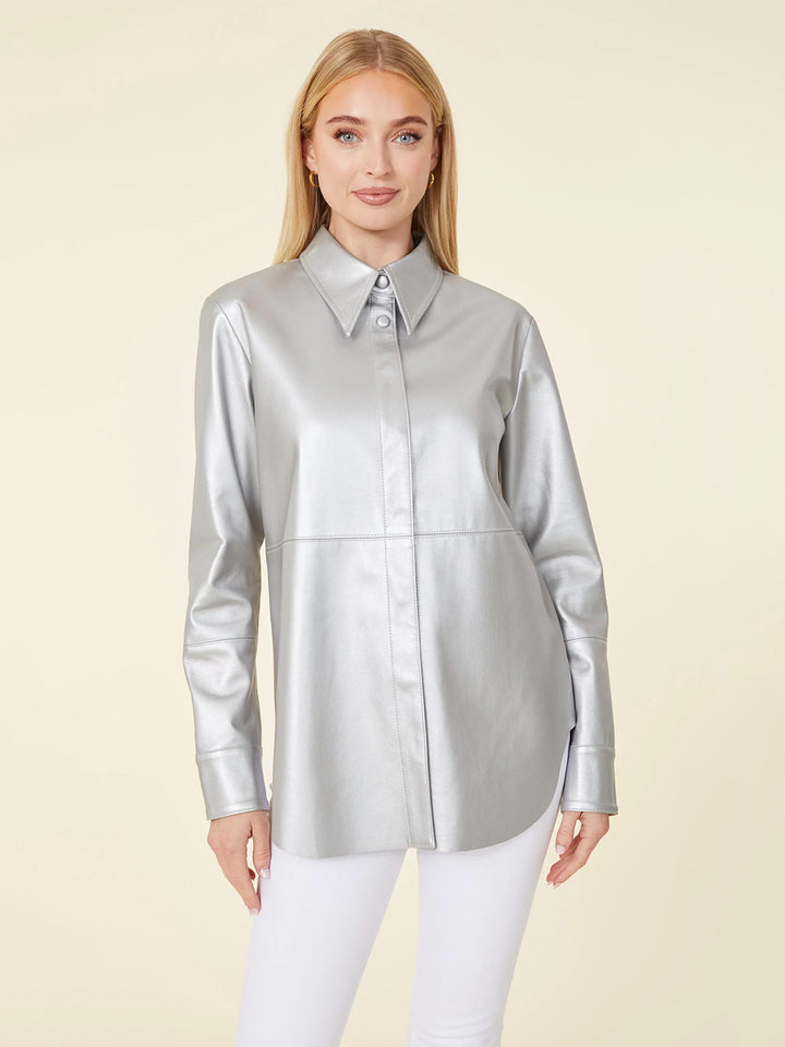 Vegan Leather Metallic Tailored Shirt in Silver