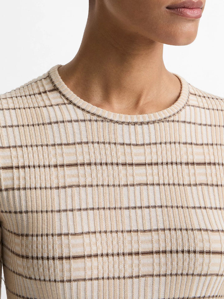 Plaid Wool-Cashmere Elbow-Sleeve Sweater in Wheatstone Combo