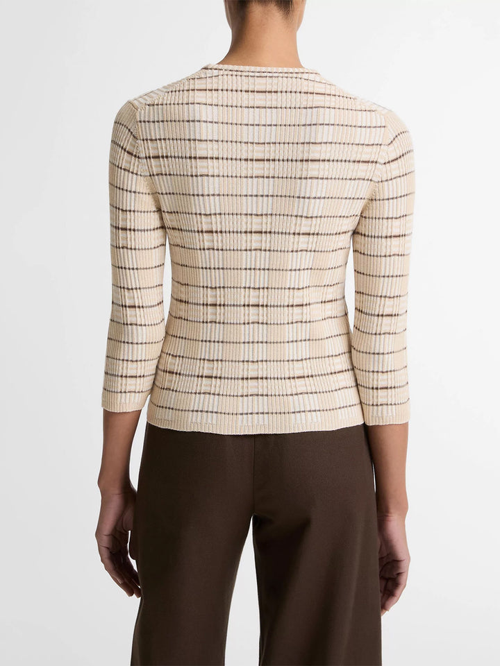 Plaid Wool-Cashmere Elbow-Sleeve Sweater in Wheatstone Combo