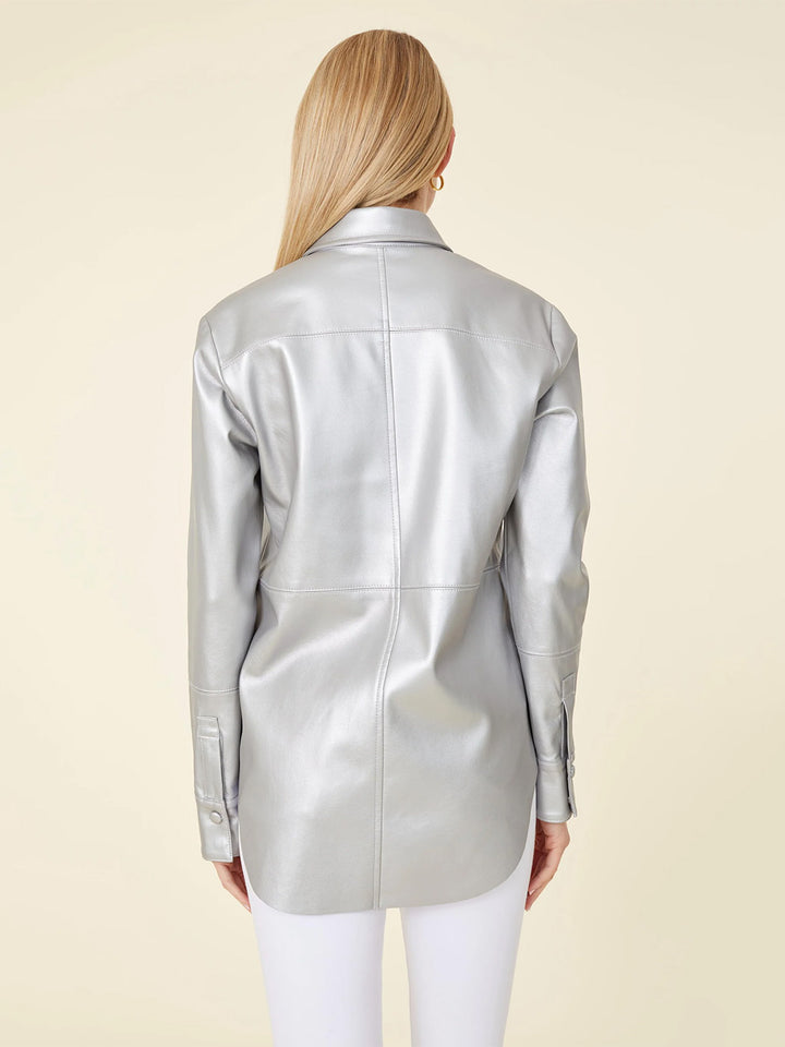 Vegan Leather Metallic Tailored Shirt in Silver