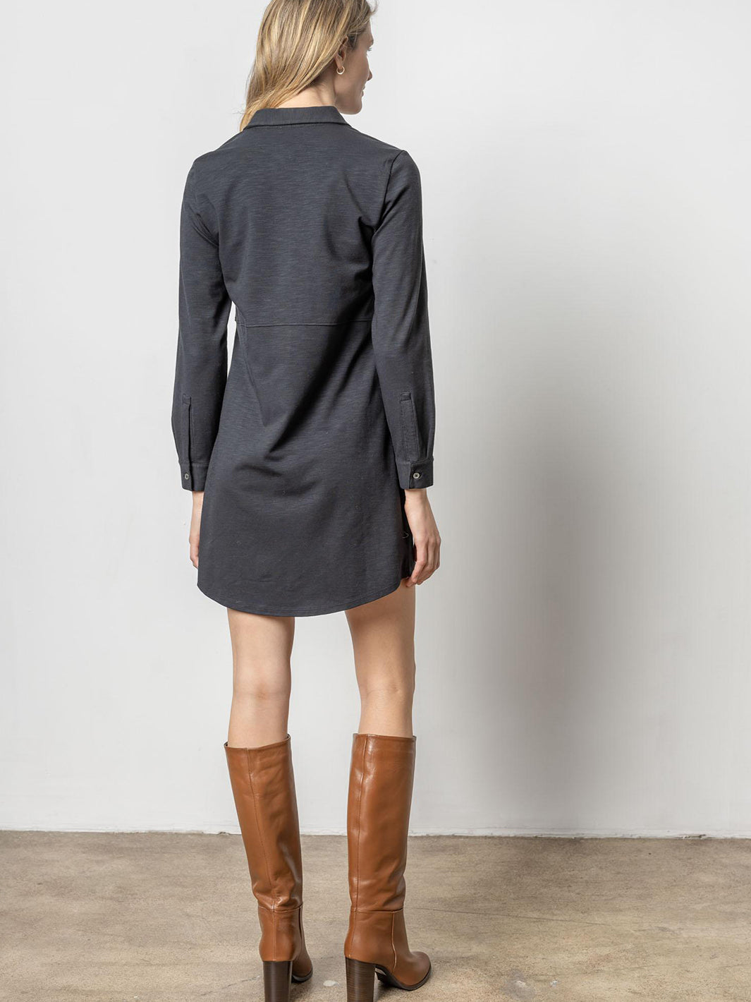 Long Sleeved Seamed Shirtdress in Black