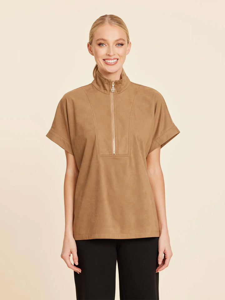 Faux Suede Drop shoulder Zipper Top in Tobacco