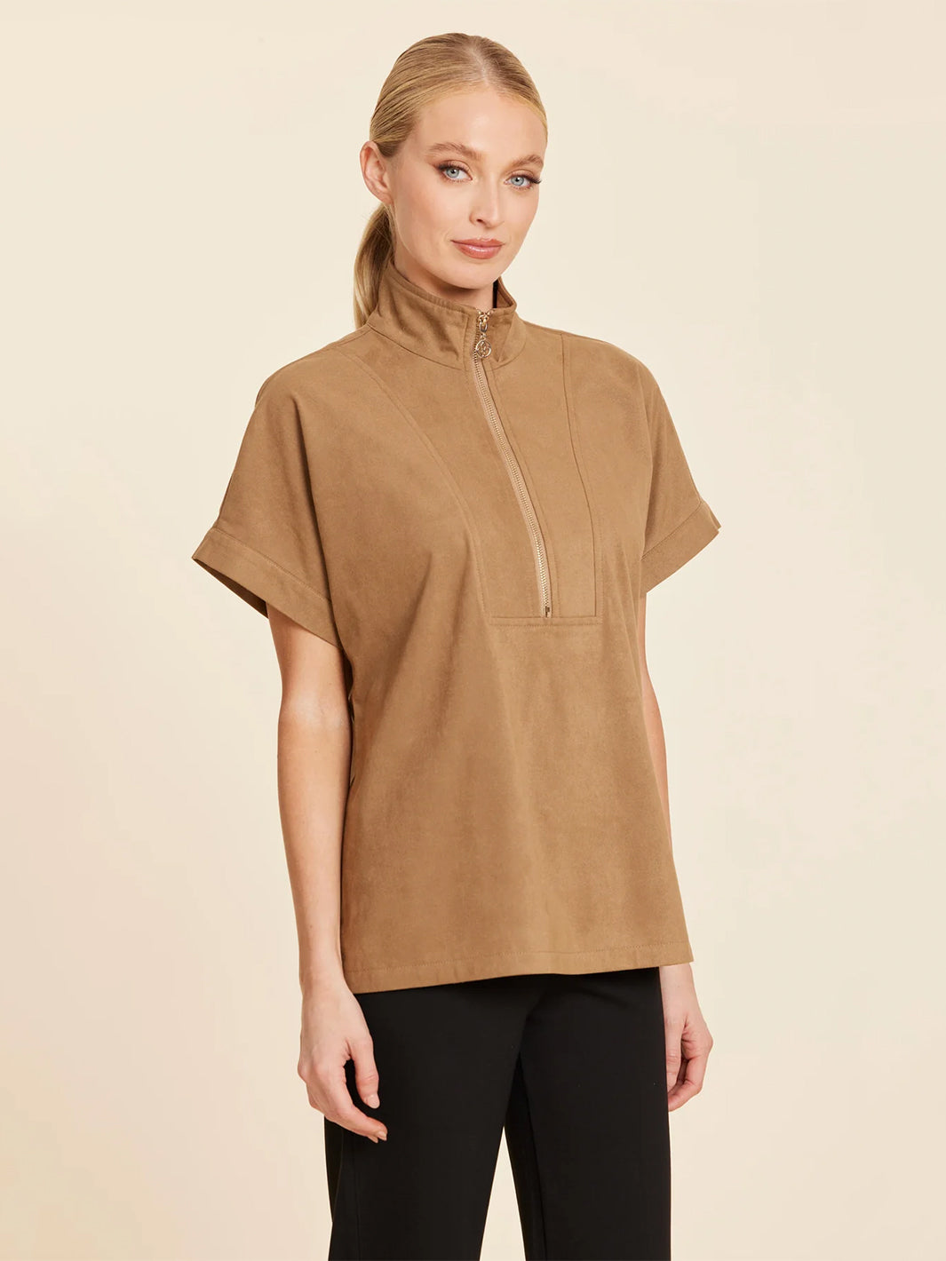 Faux Suede Drop shoulder Zipper Top in Tobacco