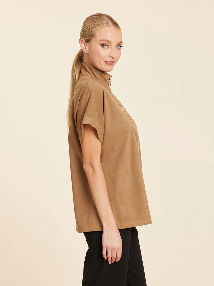 Faux Suede Drop shoulder Zipper Top in Tobacco