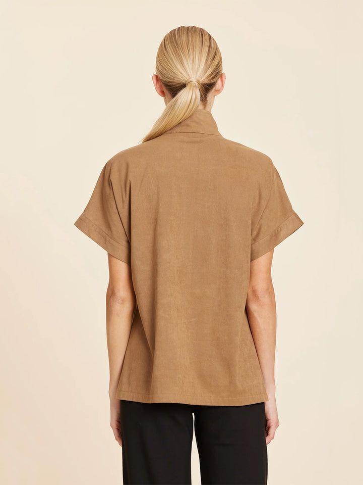 Faux Suede Drop shoulder Zipper Top in Tobacco