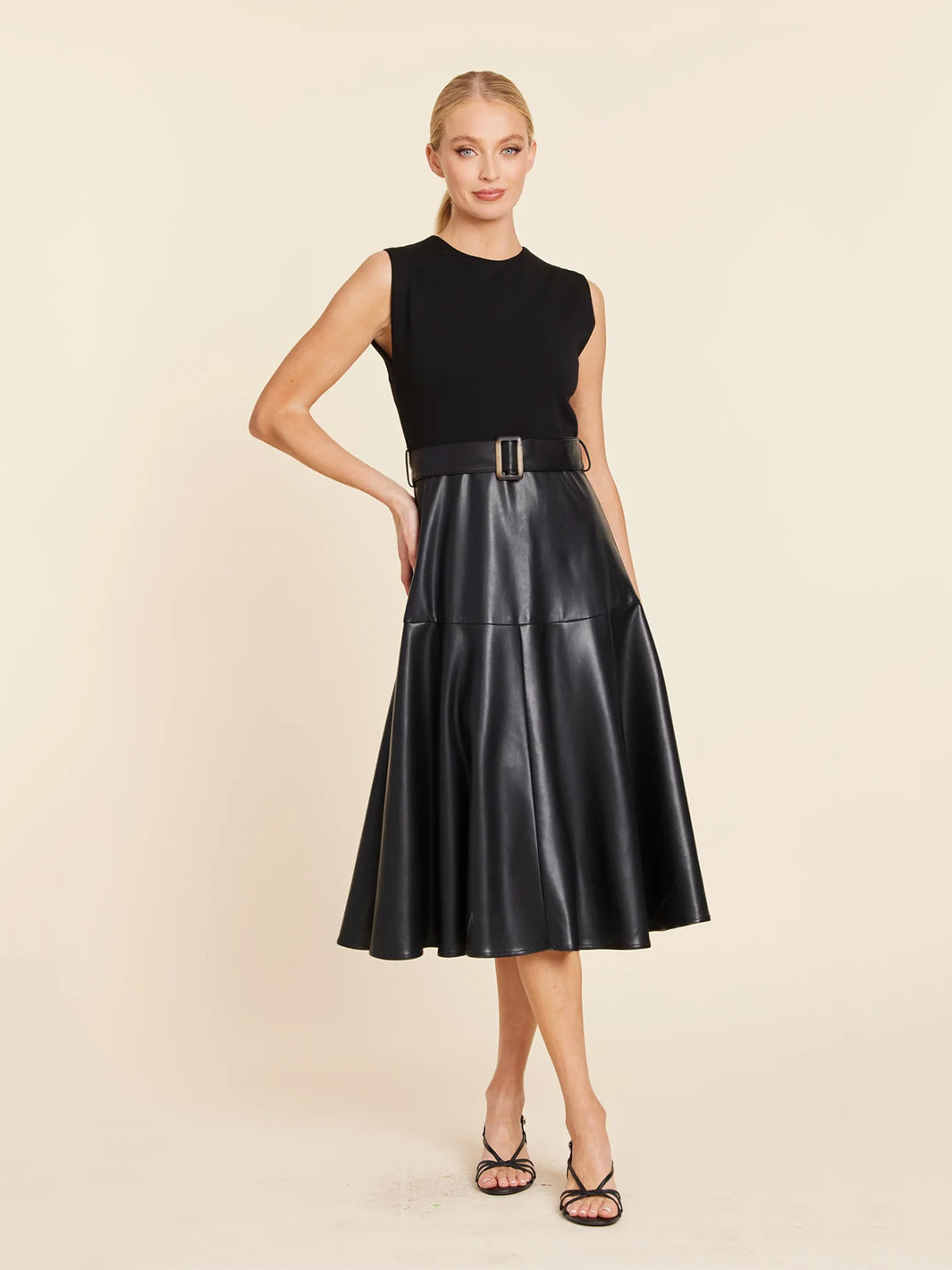 Faux Leather Skater Midi Dress in Black
