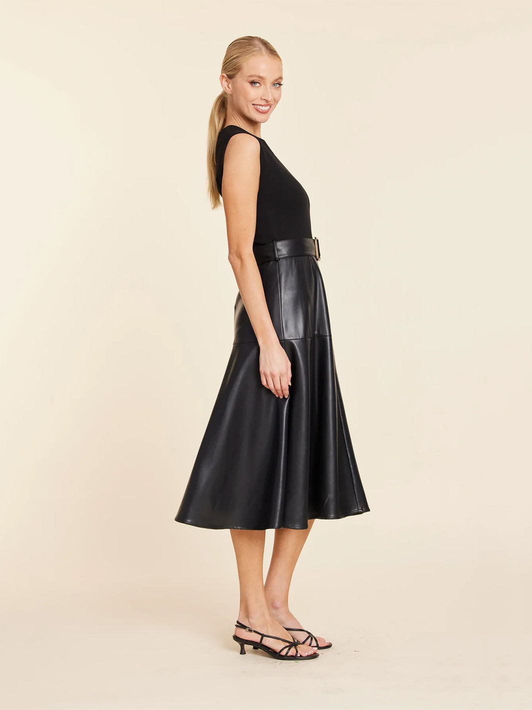 Faux Leather Skater Midi Dress in Black