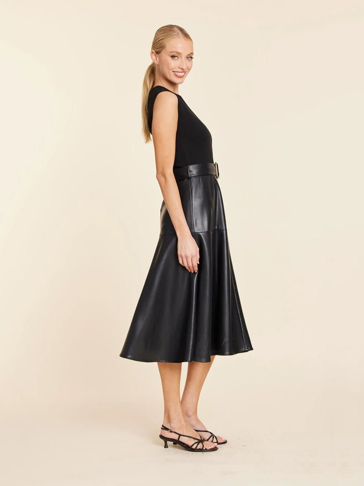Faux Leather Skater Midi Dress in Black