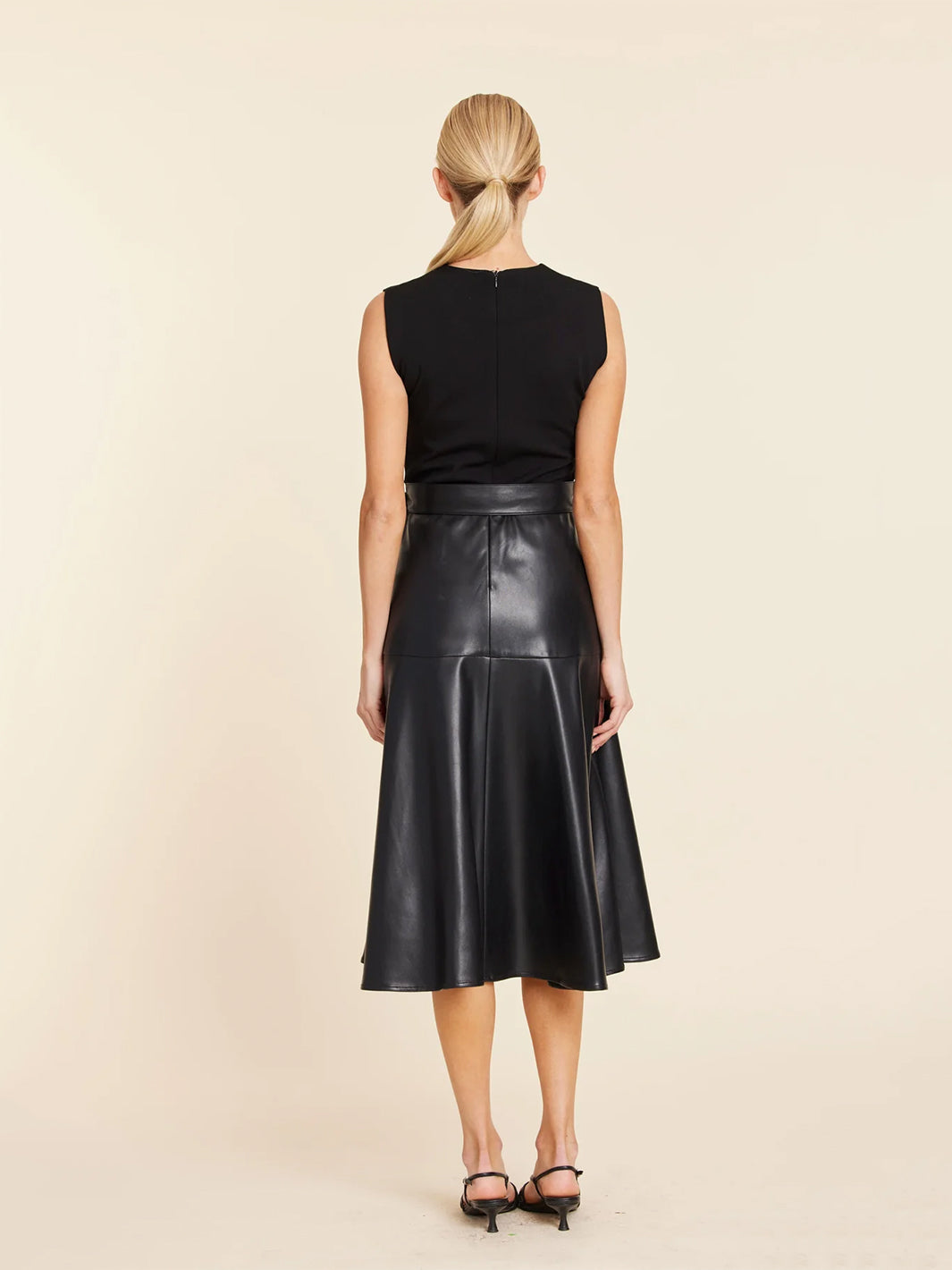 Faux Leather Skater Midi Dress in Black