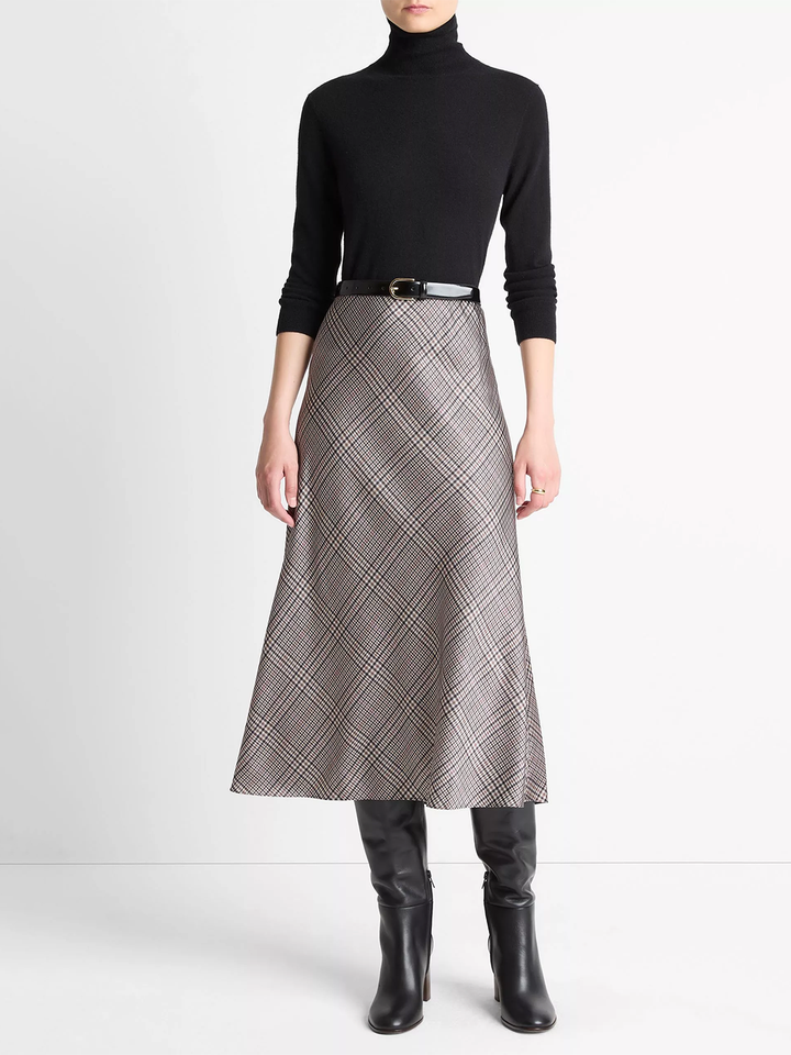 Pressed Plaid Satin Slip Skirt in Multi Plaid