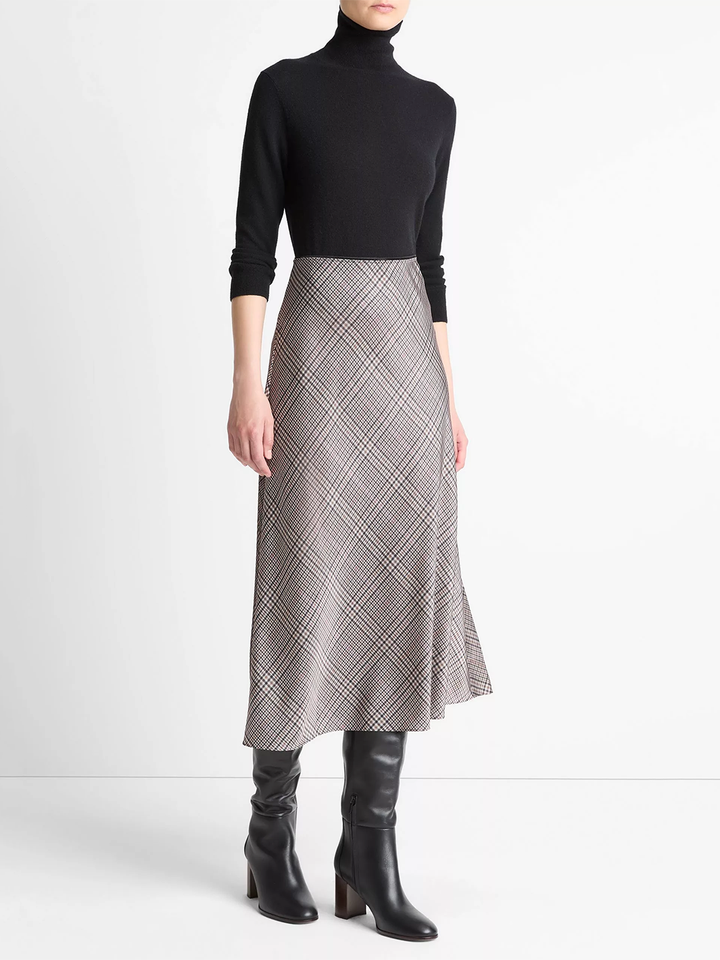 Pressed Plaid Satin Slip Skirt in Multi Plaid