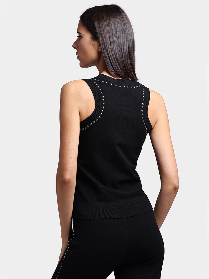 Viscose Blend Sleeveless Top with Studs in Black