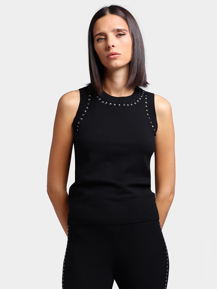 Viscose Blend Sleeveless Top with Studs in Black