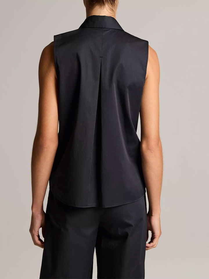 Cotton Relaxed Sleeveless Button-Front Shirt in Ink