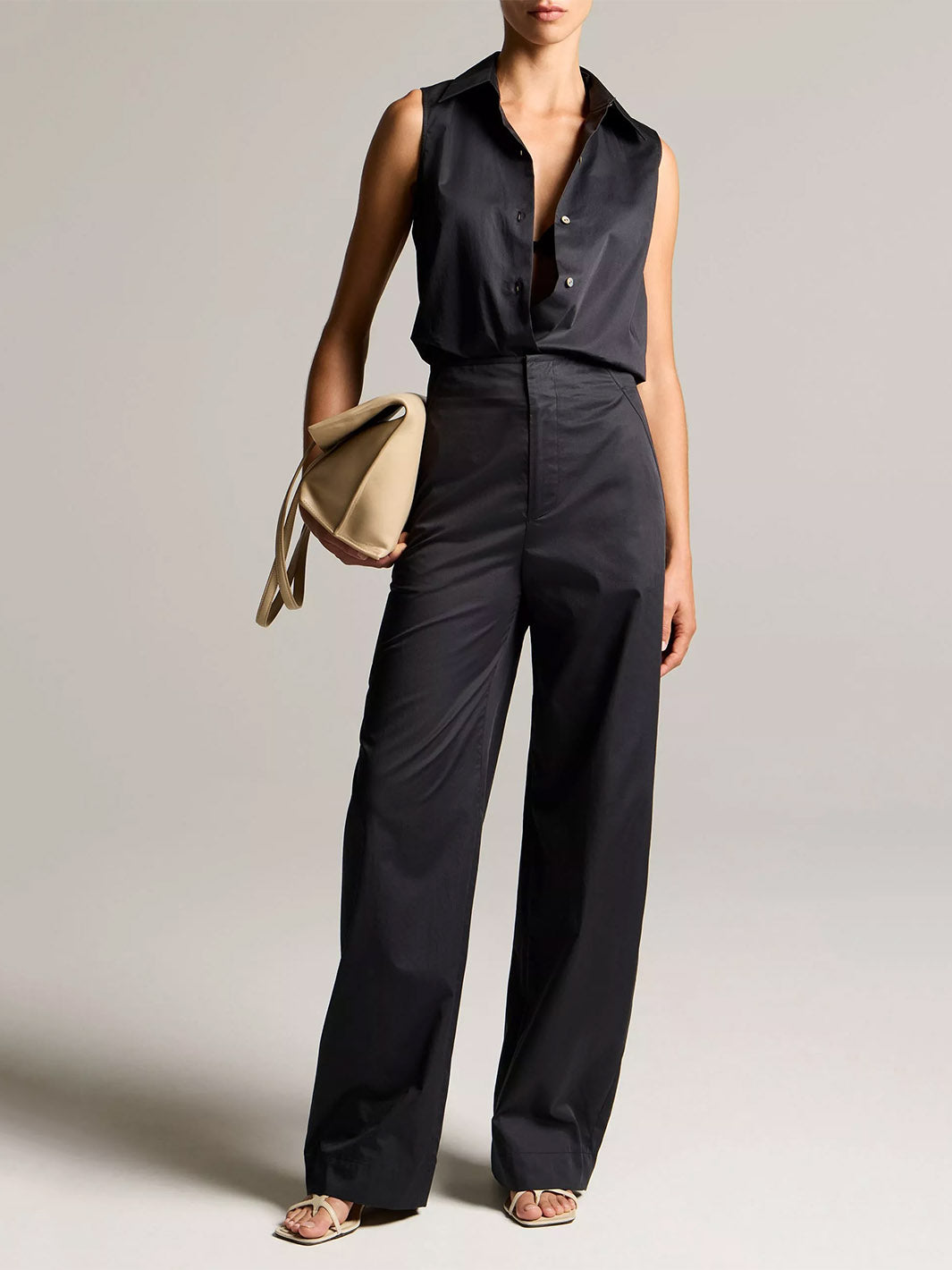 Cotton Relaxed Sleeveless Button-Front Shirt in Ink