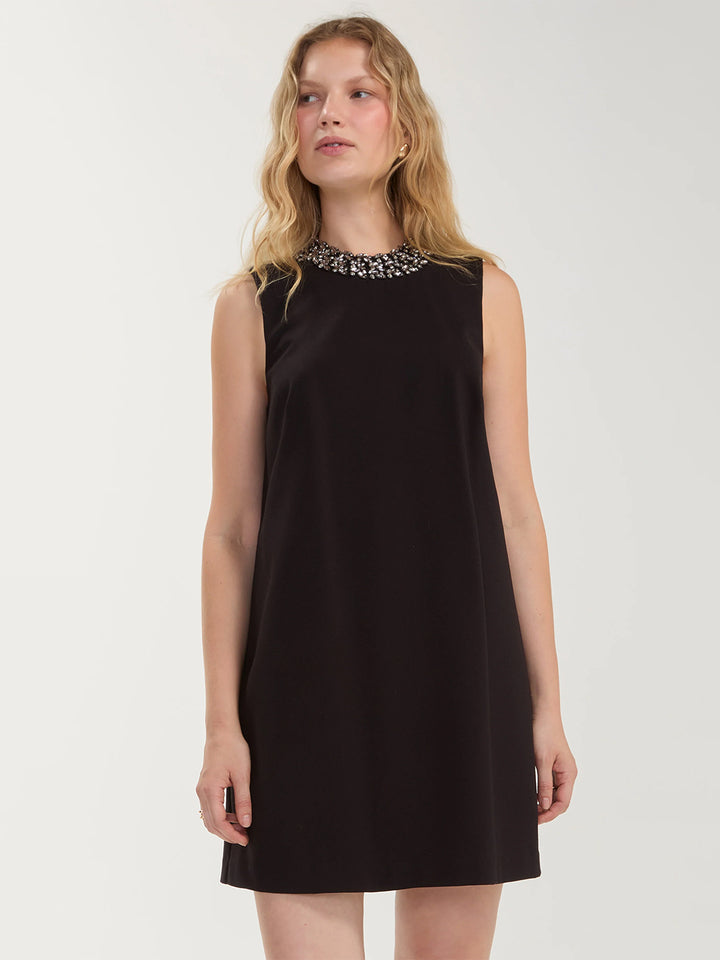 Sleeveless Dress W/ Embellished Collar in Black