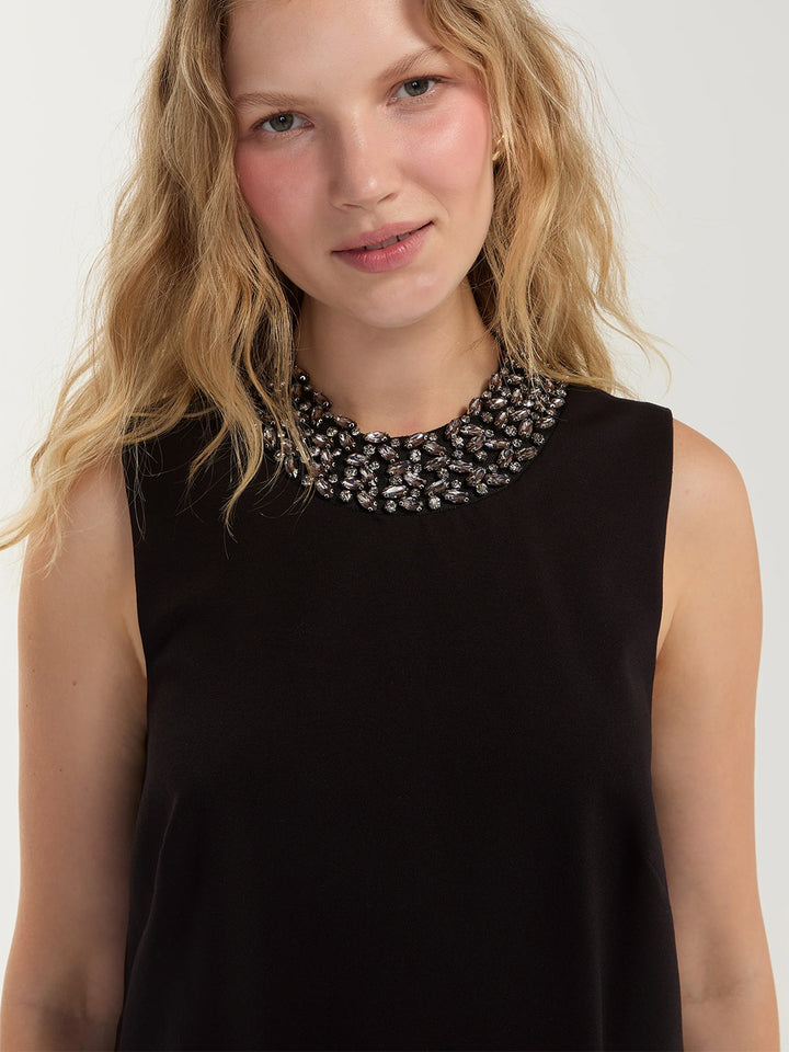 Sleeveless Dress W/ Embellished Collar in Black