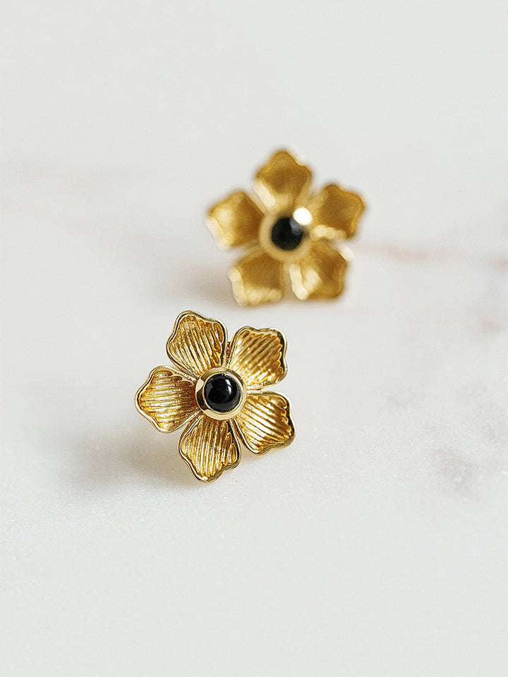 Small Flower Stud Earrings in Black Onyx