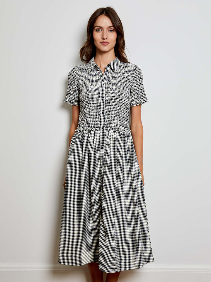 Smocked Ginham Dress in Black/White Marl