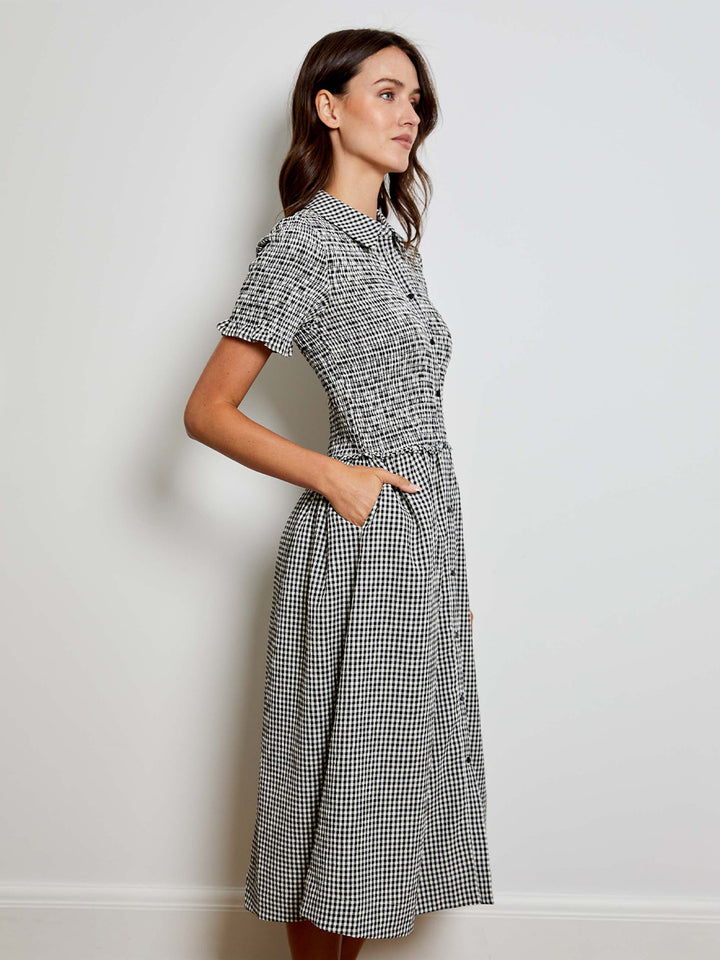 Smocked Ginham Dress in Black/White Marl