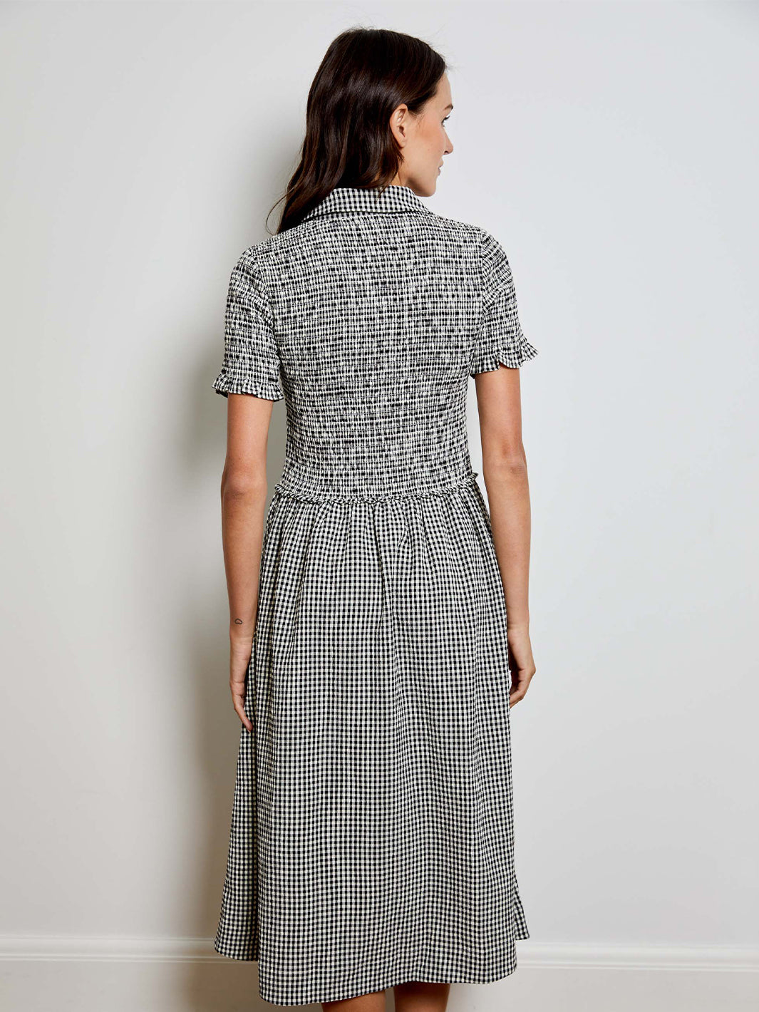 Smocked Ginham Dress in Black/White Marl