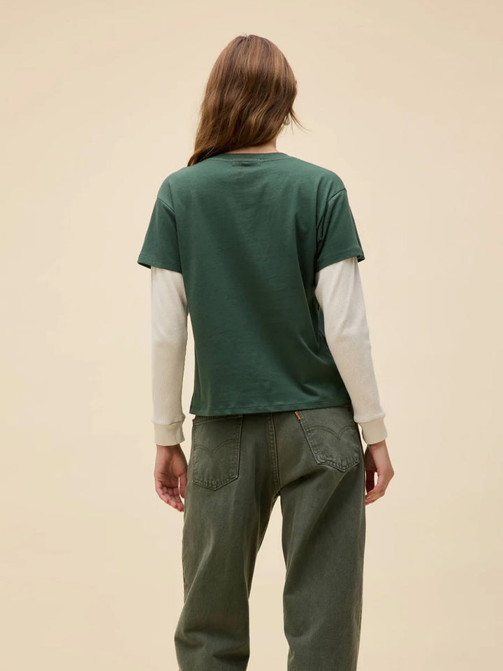 Applique Star Solo Twofer Long Sleeve Top in Deep Green