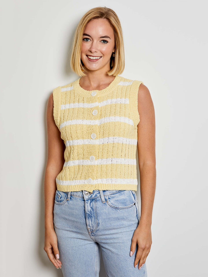 Stripe Button Front Sleeveless Sweater in Yellow