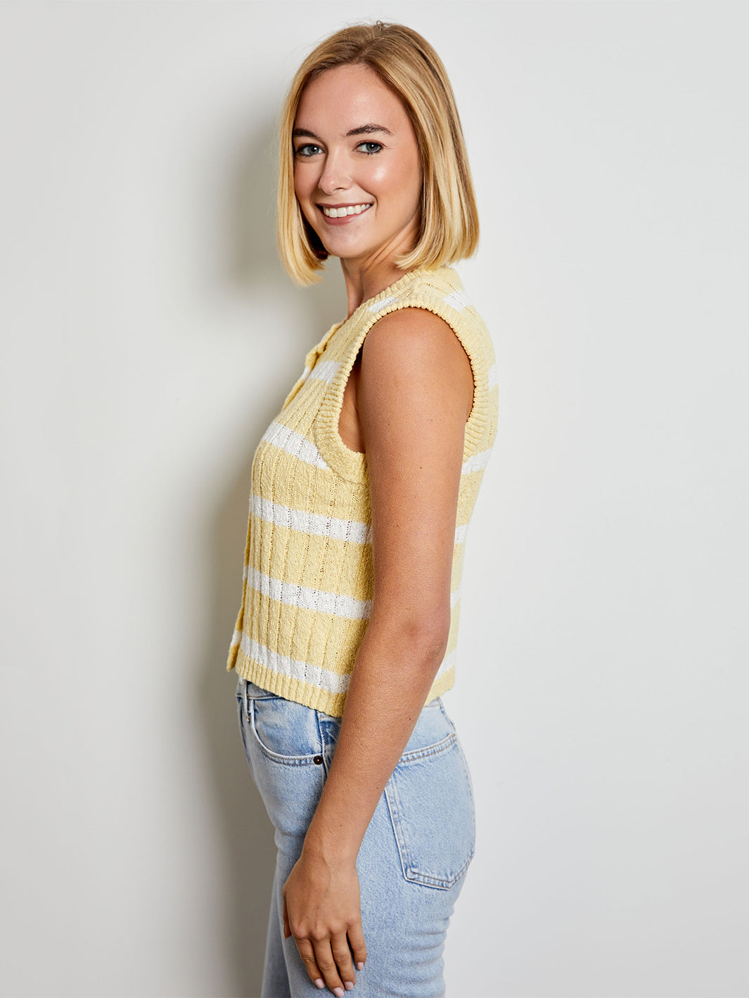 Stripe Button Front Sleeveless Sweater in Yellow