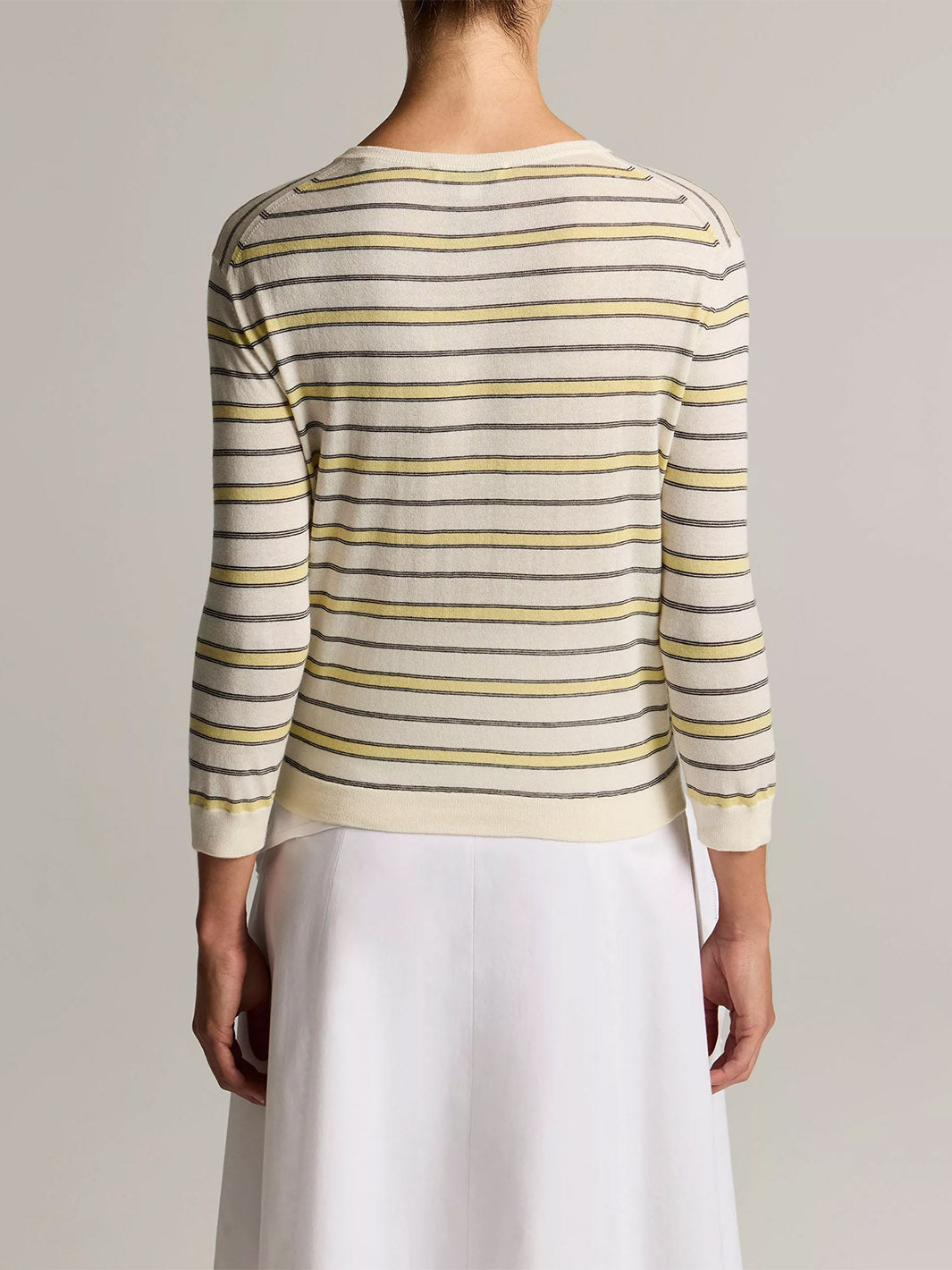 Striped Italian Cotton-Cashmere Three-Quarter-Sleeve Cardigan in Dandelion Combo
