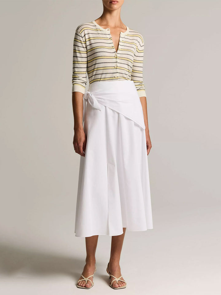 Striped Italian Cotton-Cashmere Three-Quarter-Sleeve Cardigan in Dandelion Combo