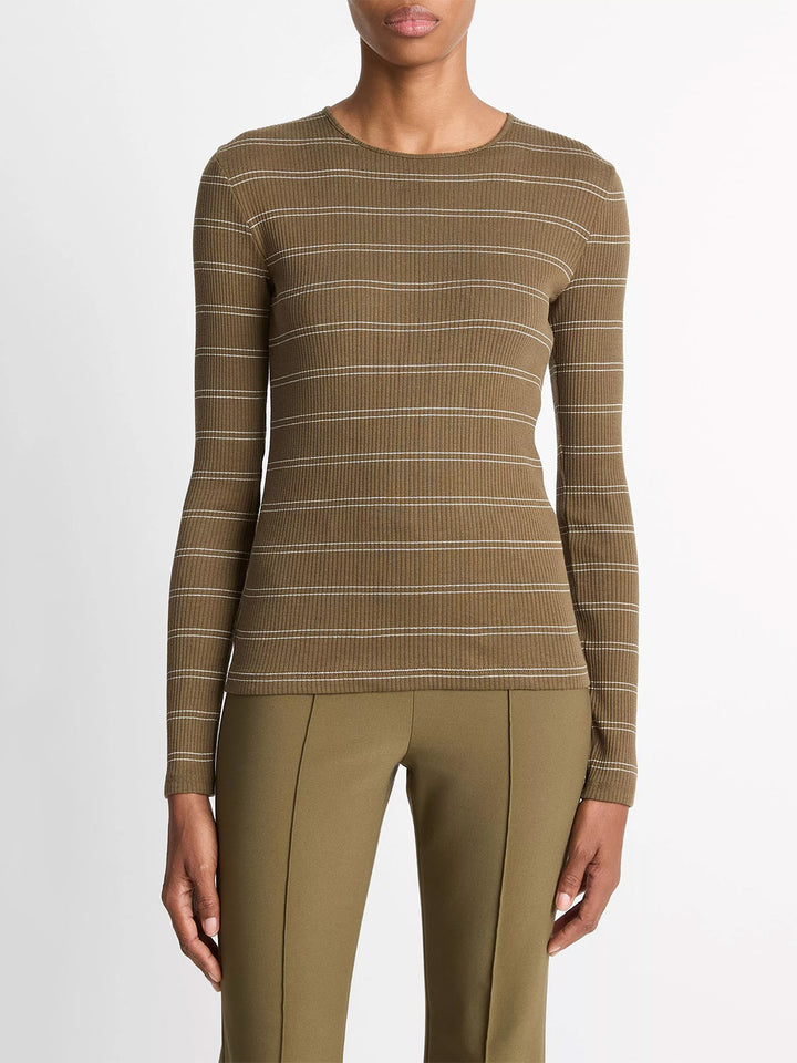 Striped Ribbed Pima Cotton Long Sleeve T-Shirt in Cypress Combo