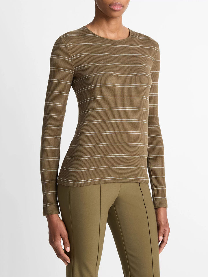 Striped Ribbed Pima Cotton Long Sleeve T-Shirt in Cypress Combo