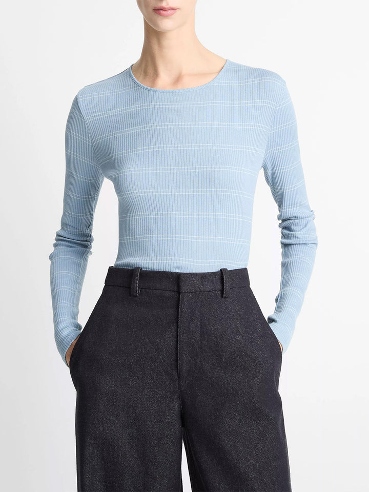 Striped Ribbed Pima Cotton Long Sleeve T-Shirt in Amalfi Combo