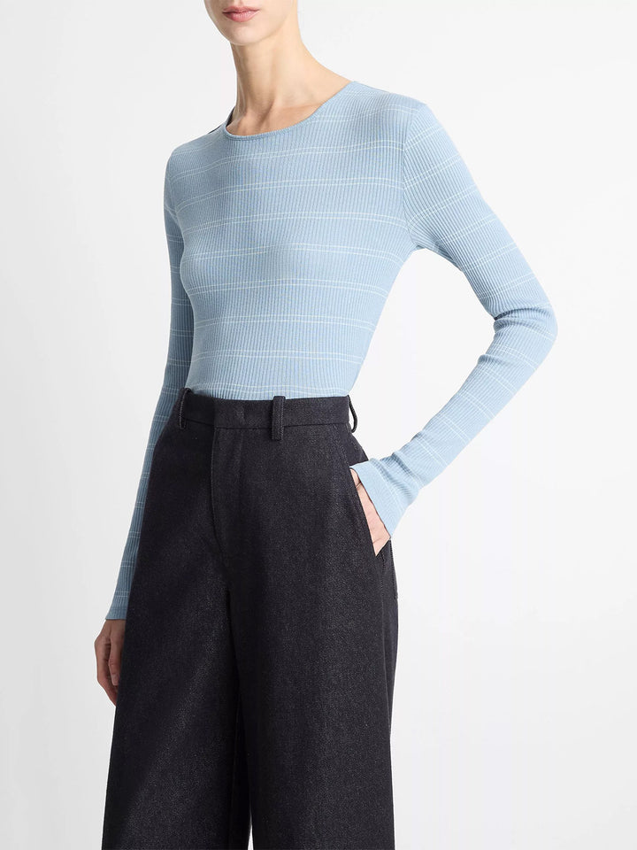 Striped Ribbed Pima Cotton Long Sleeve T-Shirt in Amalfi Combo