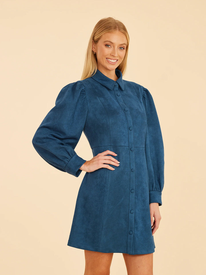 Faux Suede Tailored Dress in Steel Blue