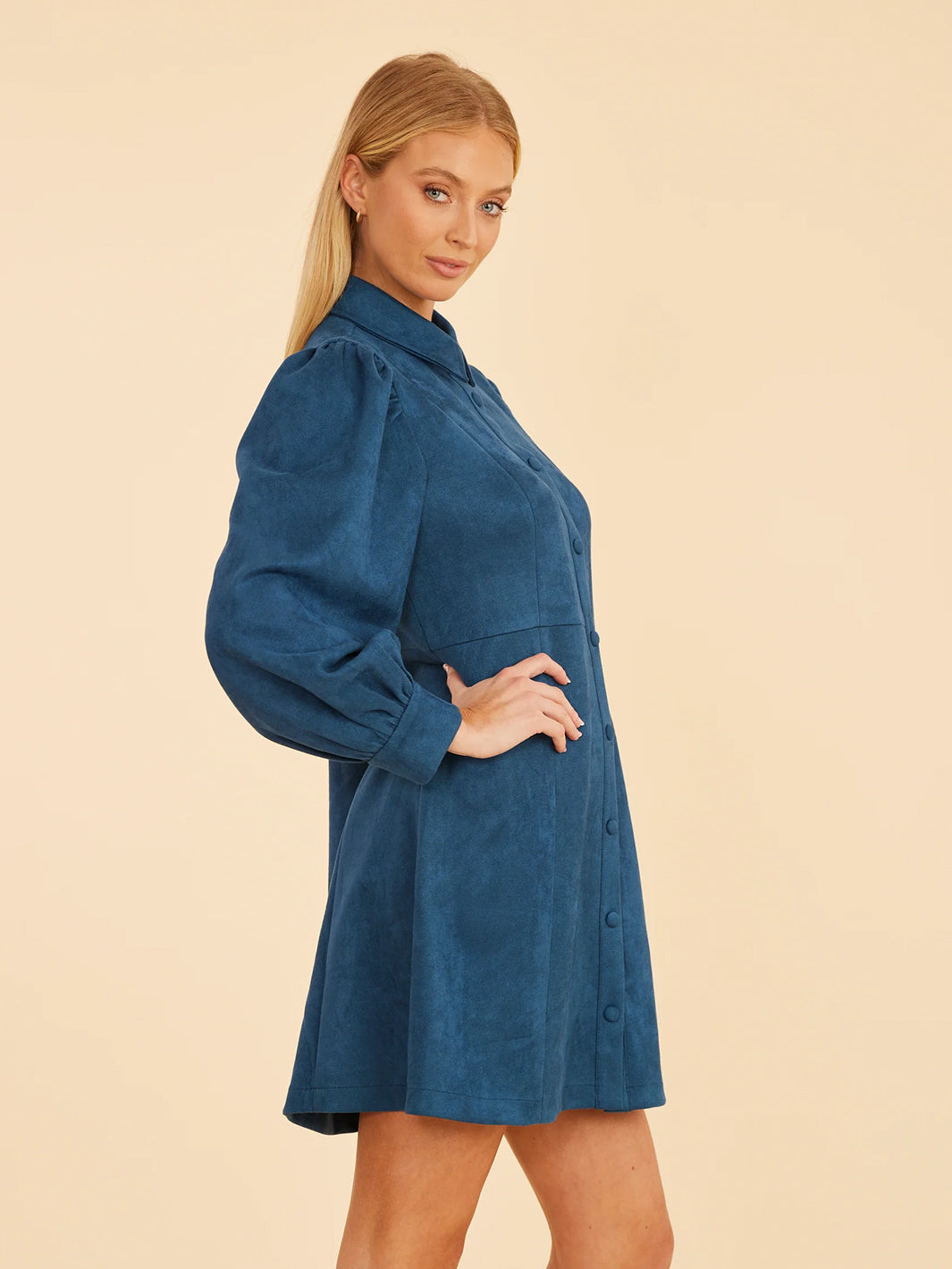 Faux Suede Tailored Dress in Steel Blue