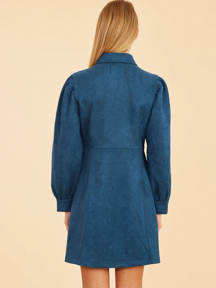 Faux Suede Tailored Dress in Steel Blue