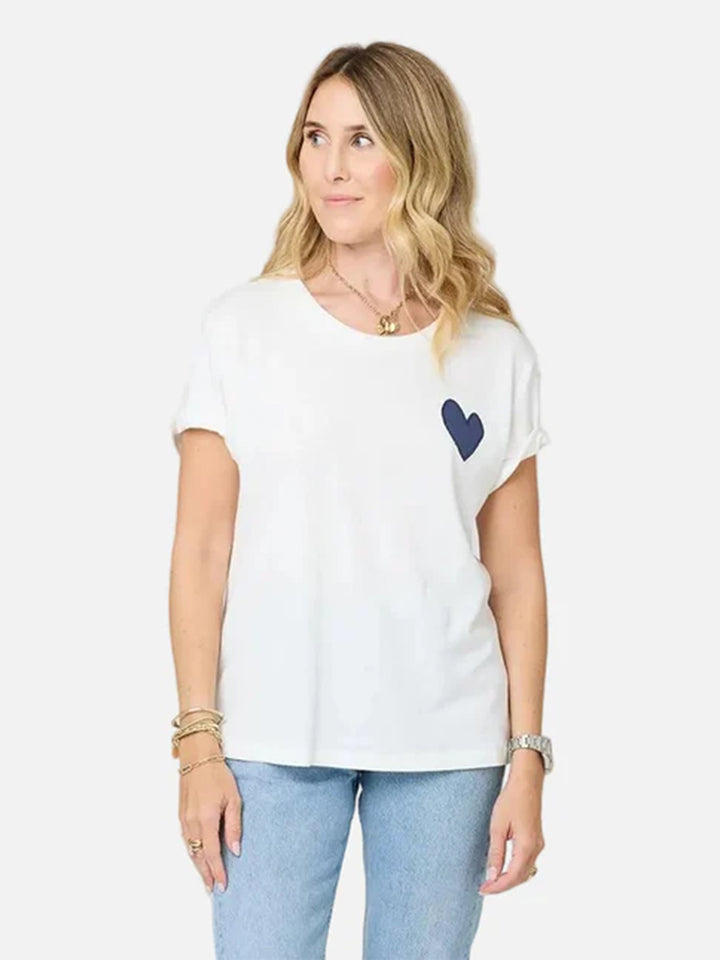 Suke Contrast Imperfect Heart Tee in White/Indigo Blue