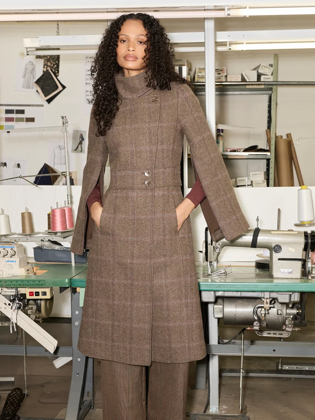 SUZAN-HC Maxi Coat Herringbone Plaid Wool in Espresso