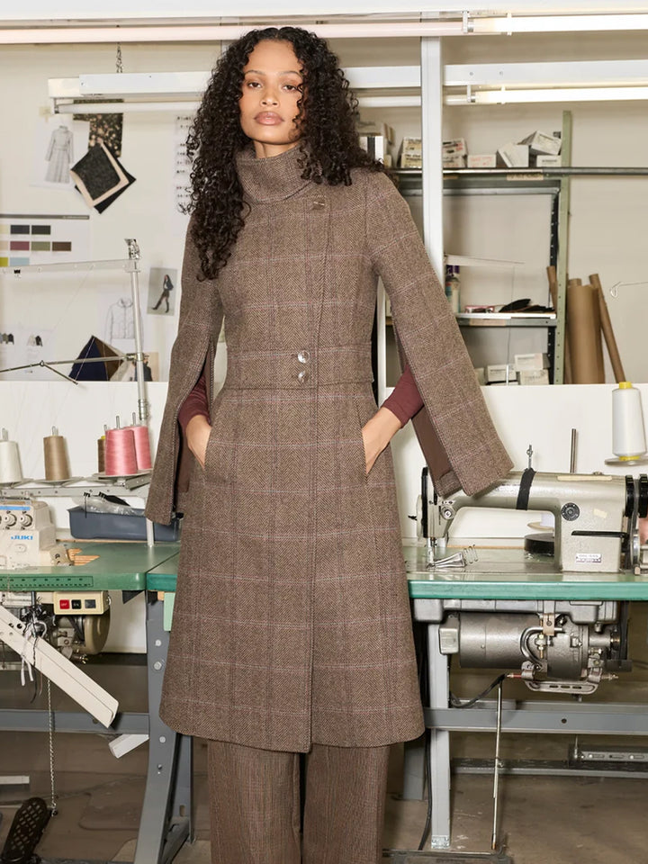 SUZAN-HC Maxi Coat Herringbone Plaid Wool in Espresso