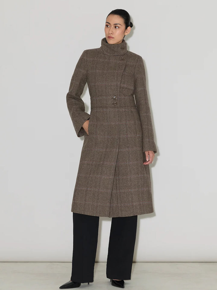 SUZAN-HC Maxi Coat Herringbone Plaid Wool in Espresso