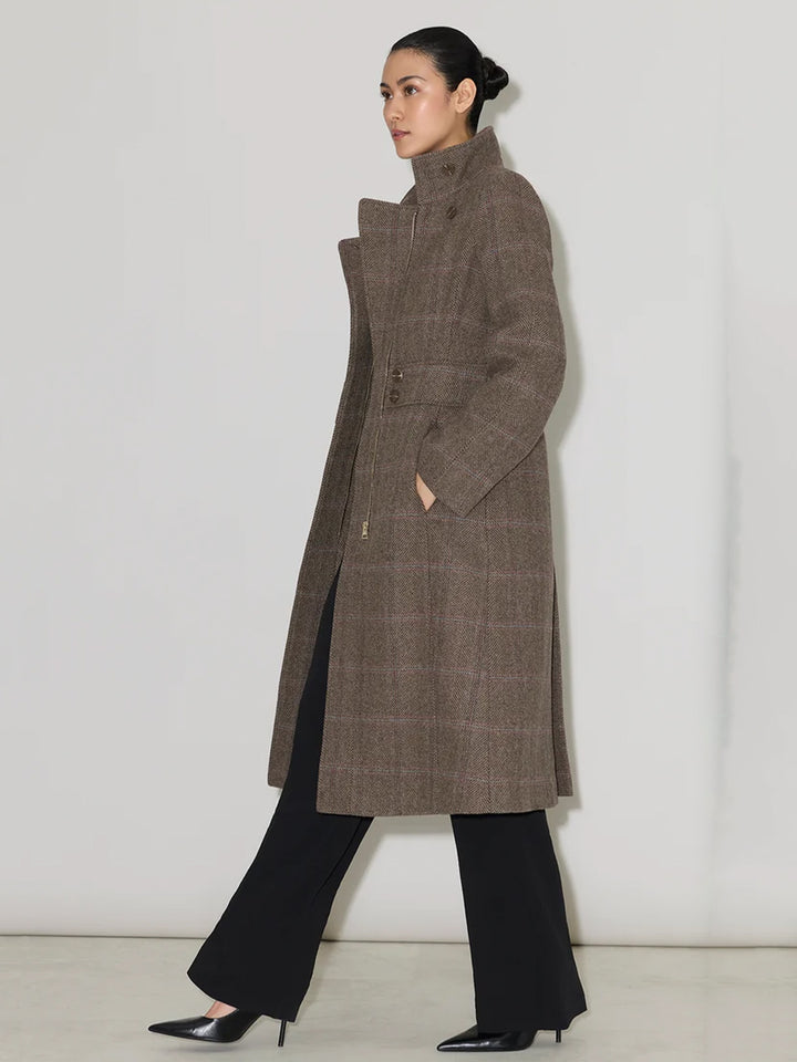SUZAN-HC Maxi Coat Herringbone Plaid Wool in Espresso