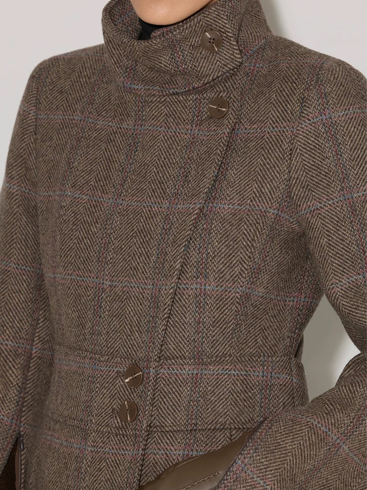 SUZAN-HC Maxi Coat Herringbone Plaid Wool in Espresso