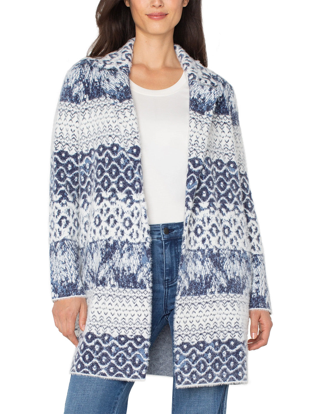 Open Front Coatigan Sweater in Navy Shibori Mixed Texture