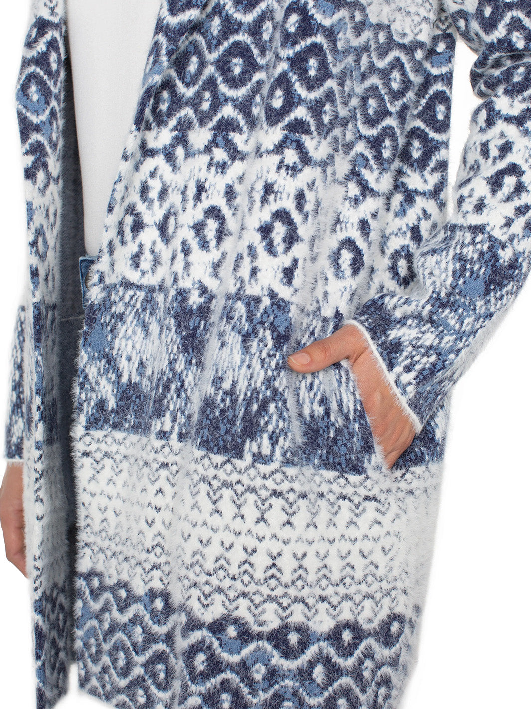 Open Front Coatigan Sweater in Navy Shibori Mixed Texture