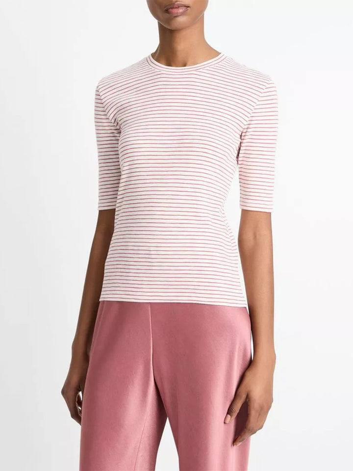 Striped Cotton-Blend Elbow Sleeve T-Shirt in Peony Wood Combo