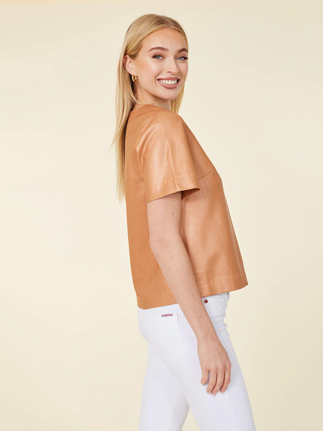 Vegan Leather Perforated T-Shirt in Bronze
