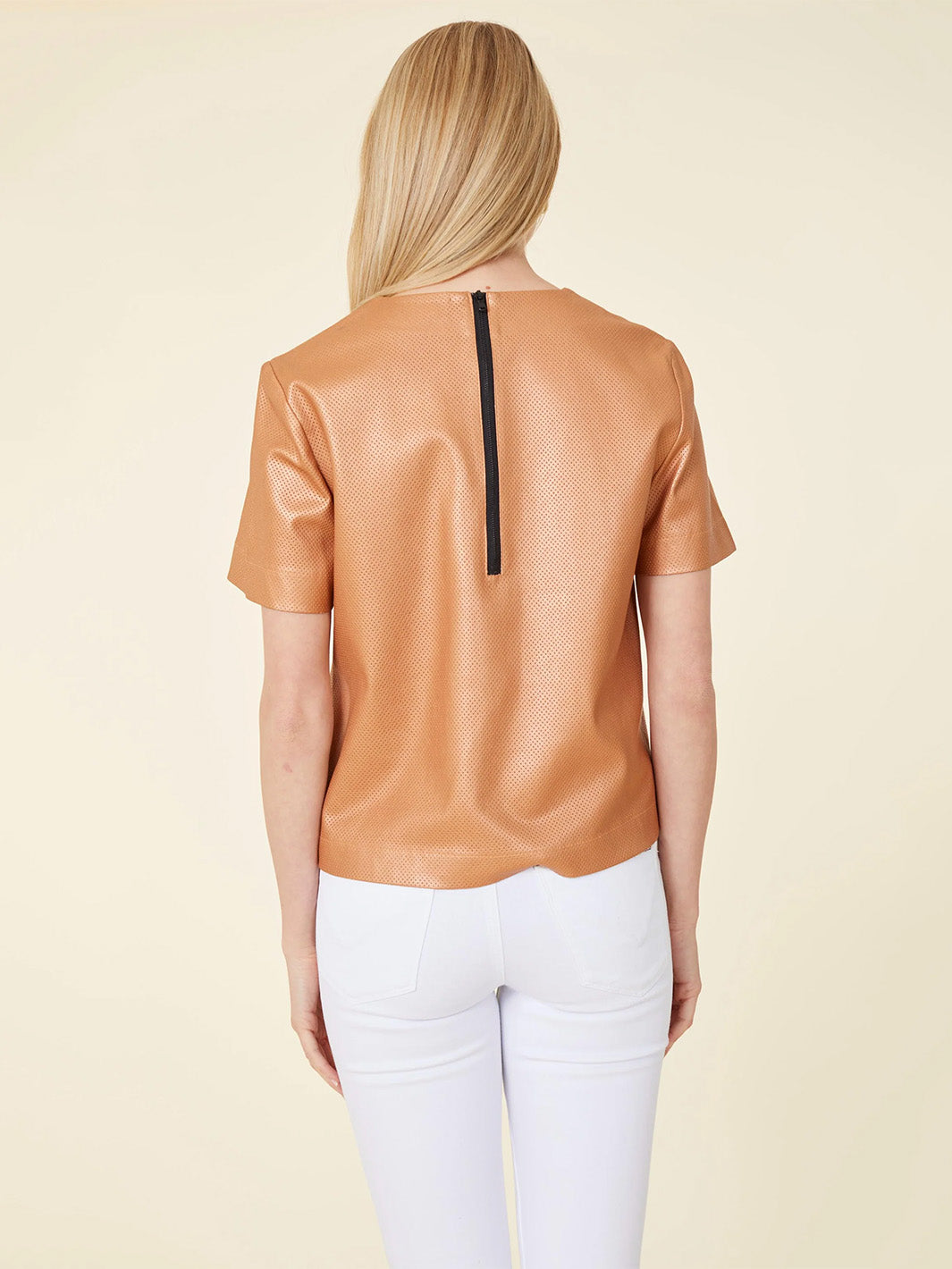 Vegan Leather Perforated T-Shirt in Bronze