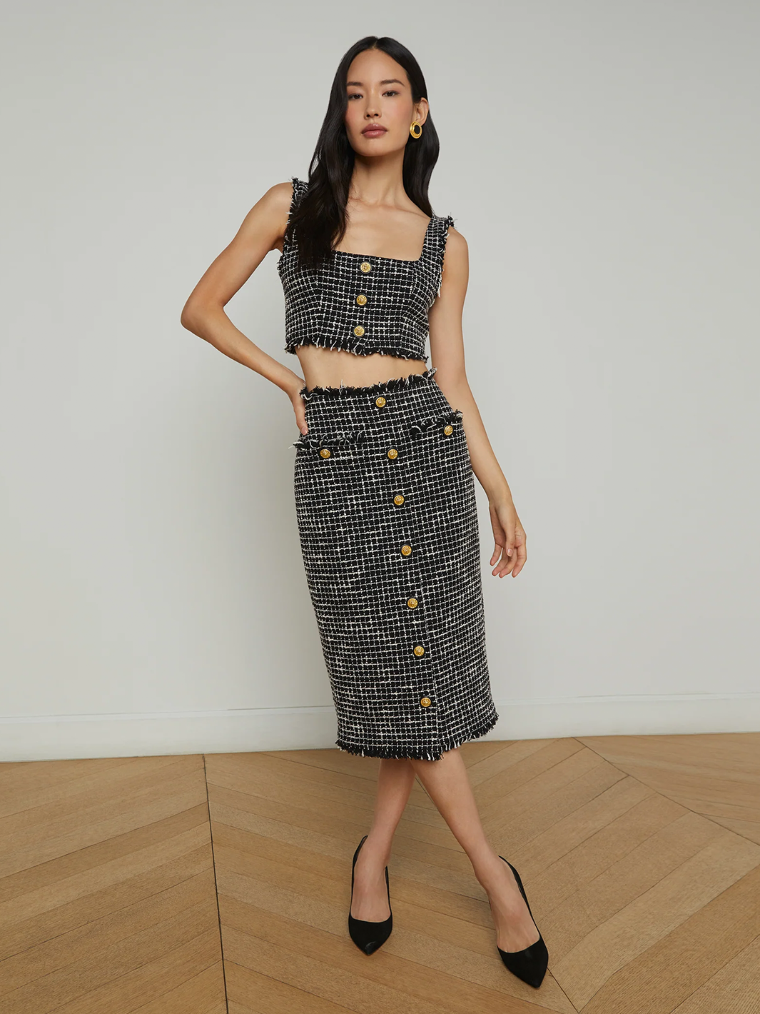 Tai Tweed Midi Skirt in Black/Ecru